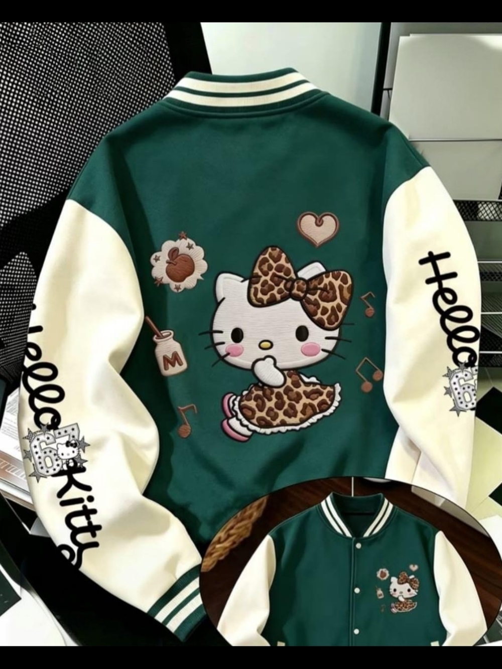 Hello Kitty Green and Cream Leopard-Accent Varsity Jacket